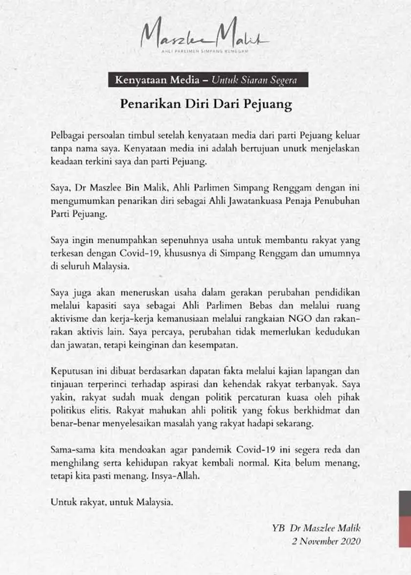 Maszlee-Malik-Keluar-Pejuang
